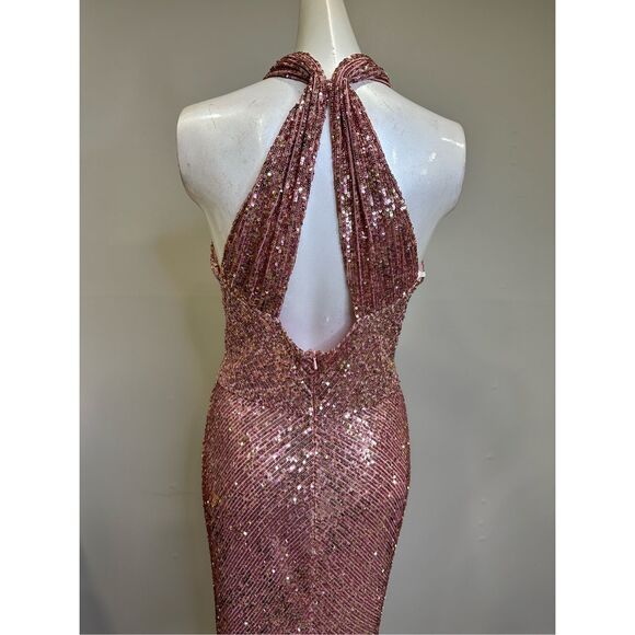NWT Naeem Khan Crisscross Halter Open Back Bodycon Sequin Evening Gown Pink Sz 8 - Picture 7 of 11